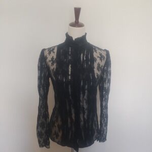 Vintage Helene Sidel Lace Blouse Women's 10 Black Sheer Victorian Ruffle Gothic